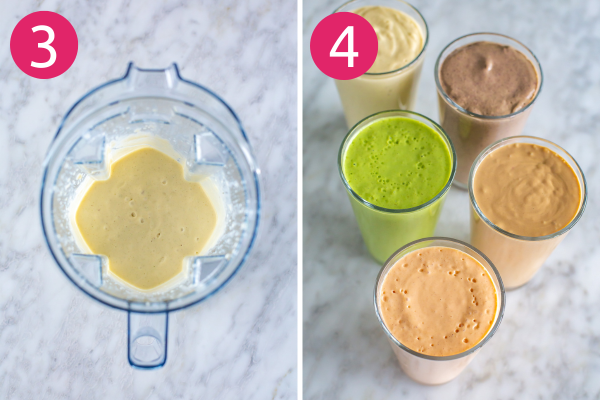 Steps 3 and 4 for making meal prep smoothie packs: blend then pour into a glass and enjoy!