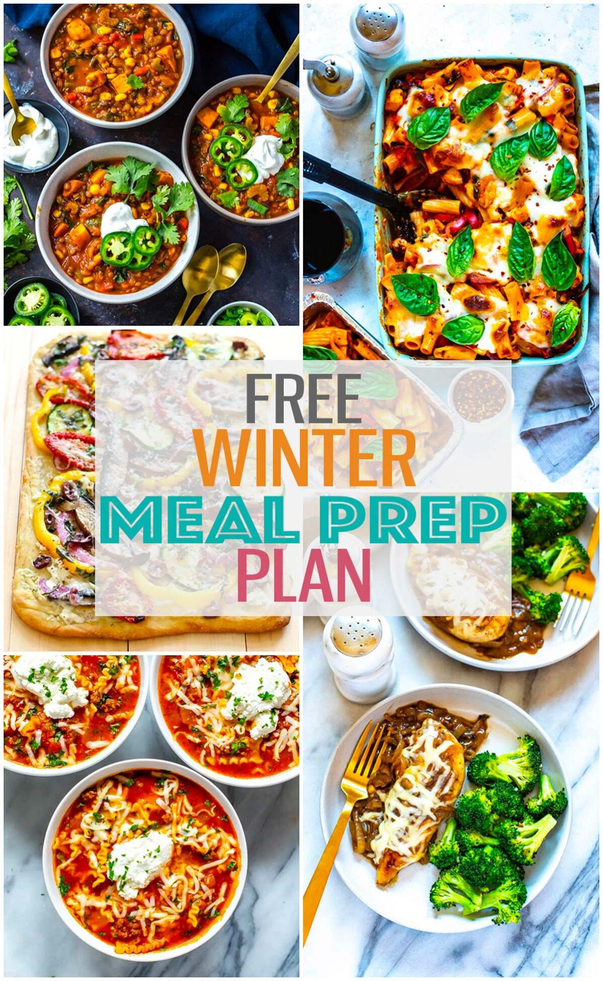 A collage of five different winter recipes with the text "Winter Meal Prep Plan" layered over top.