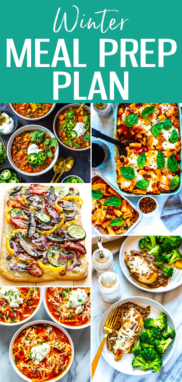 This free meal prep plan is filled with delicious recipes for winter. Prep the ingredients ahead so weeknight meals come together fast! #mealplan #winterrecipes
