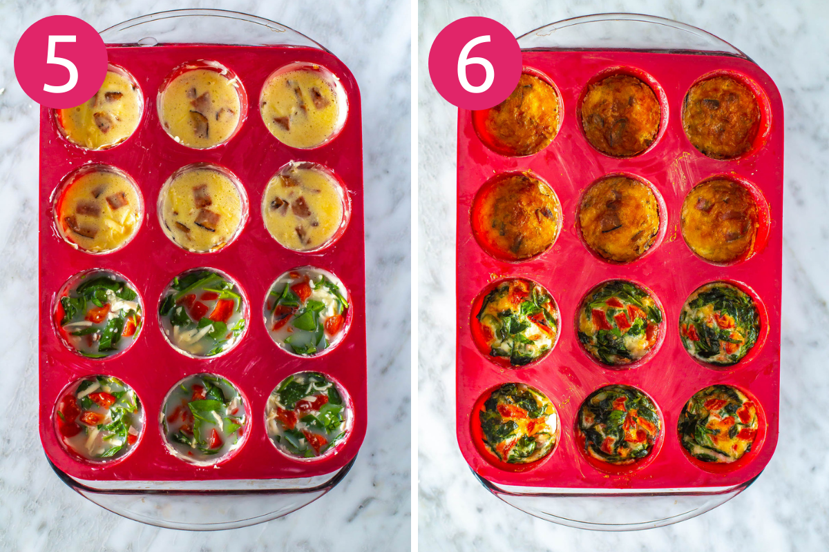 Steps 5 and 6 for making Starbucks egg bites: fill egg tray with toppings and egg/cottage cheese mixture then bake until set.