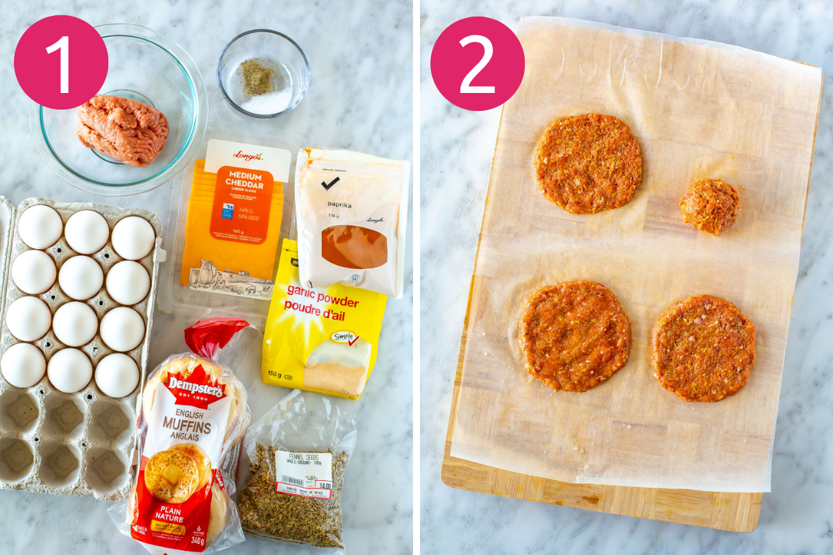 Steps 1 and 2 for making sausage egg McMuffins: assemble ingredients then make sausage patties.