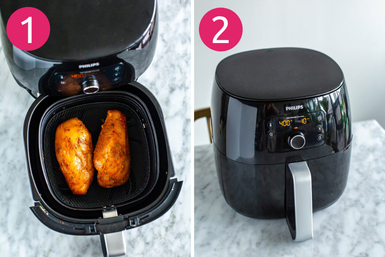Steps 1 and 2 for making air fryer chicken breasts: marinate chicken then cook in the air fryer.