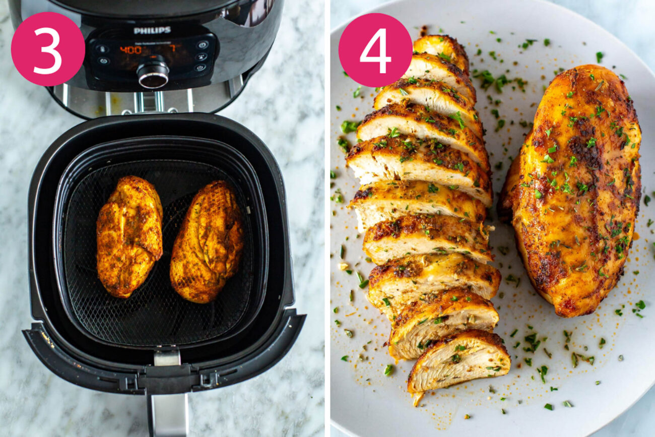 Steps 3 and 4 for making air fryer chicken breasts: flip chicken breasts and cook on the other side, then let rest before cutting and serving.
