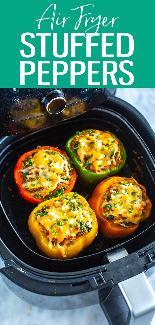 These Air Fryer Stuffed Peppers are the best! They're stuffed with a delicious quinoa and turkey filling and take only 35 minutes to make. #airfryer #stuffedpeppers