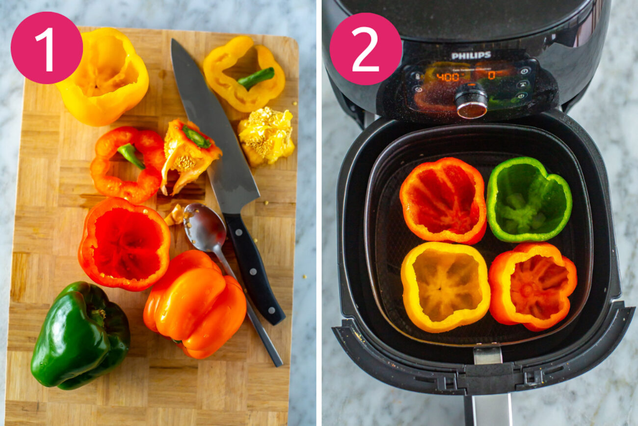 Steps 1 and 2 for making air fryer stuffed peppers: cut tops off peppers and make quinoa, then cook peppers in air fryer.