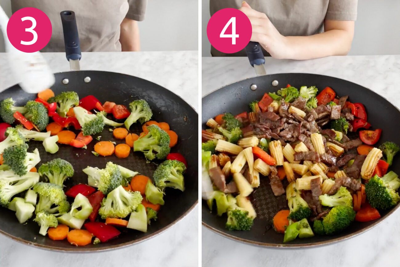 Steps 3 and 4 for making beef stir fry: Cook veggies then toss everything together.