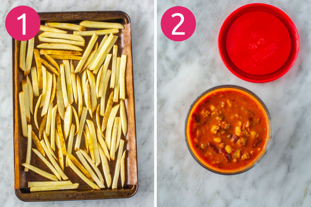 Steps 1 and 2 for making chili cheese fries: Cut the fries and prepare the chili.