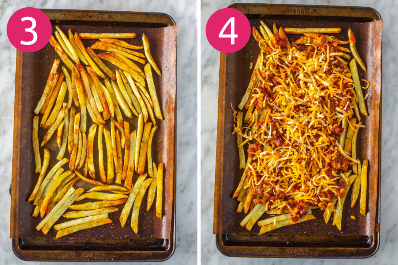 Steps 3 and 4 for making chili cheese fries: Cook fries then top with chili and cheese.