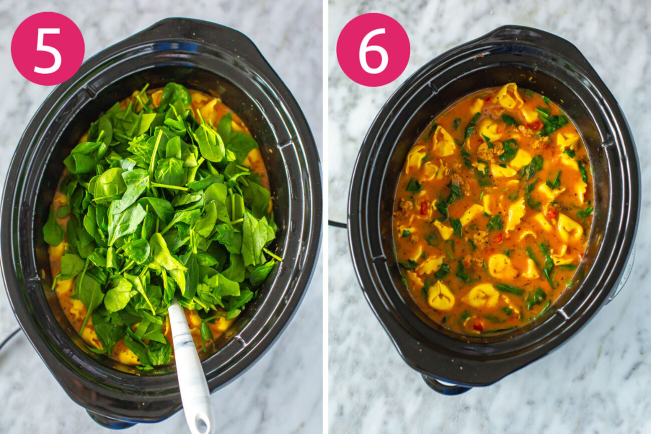 Steps 5 and 6 for making crockpot tortellini soup: Add in spinach then heavy cream and stir.