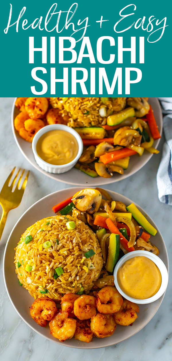 This delicious hibachi shrimp is so easy to make at home! It's served with fried rice, mixed vegetables, and a simple yum yum sauce. #hibachishrimp #benihana