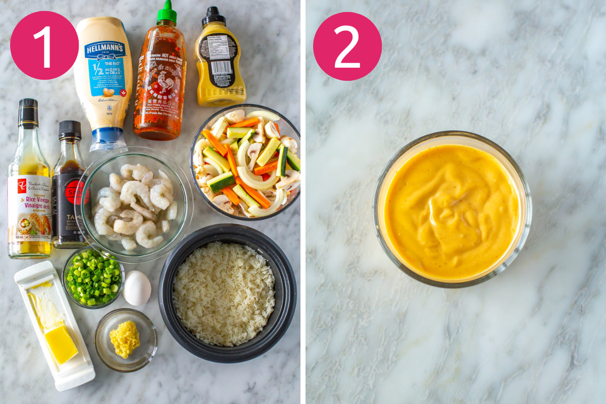 Steps 1 and 2 for making hibachi shrimp: assemble/prep ingredients then make yum yum sauce.