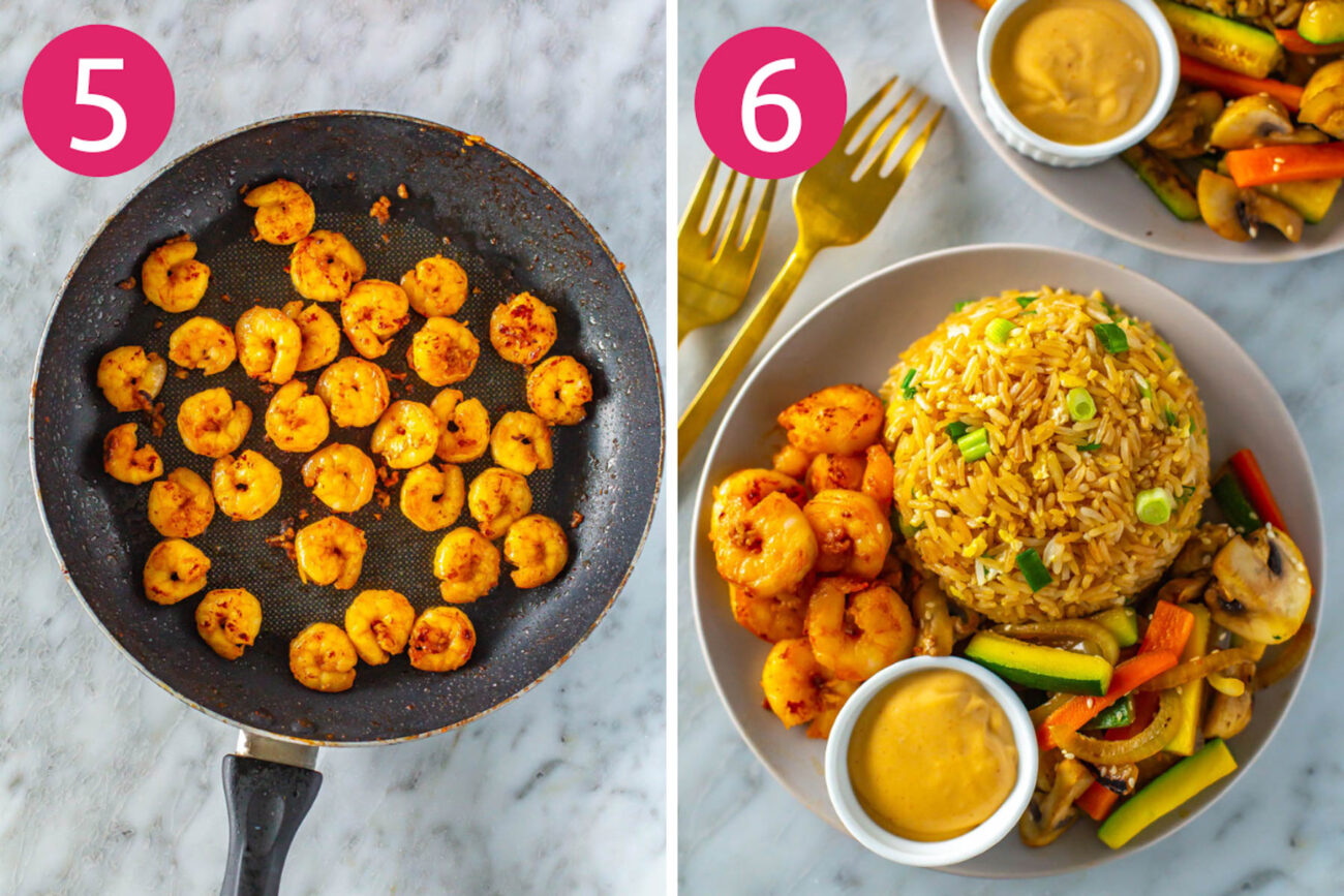 Steps 5 and 6 for making hibachi shrimp: cook shrimp and serve.