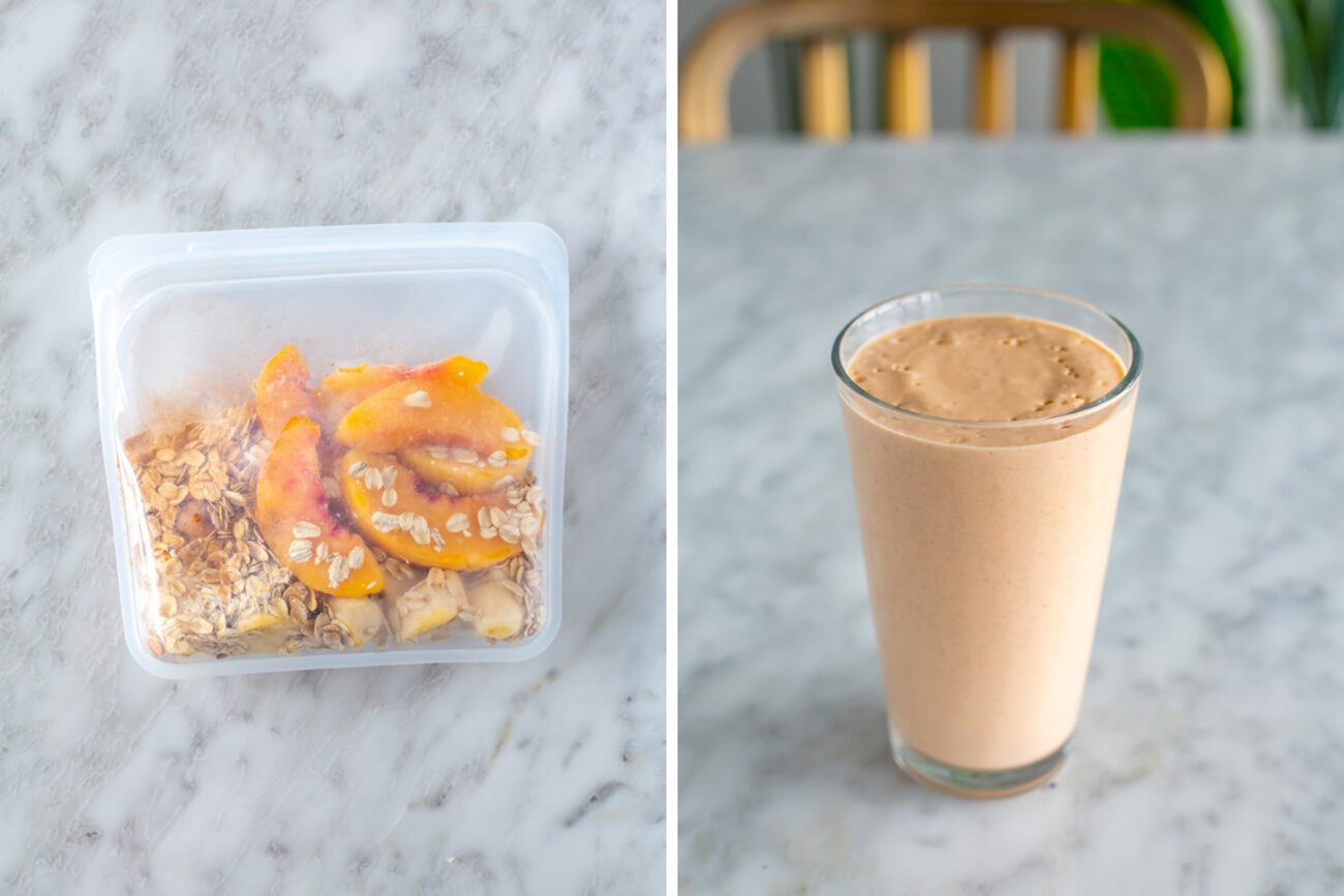 A collage of a peach pie smoothie pack with the smoothie blended up in a glass.