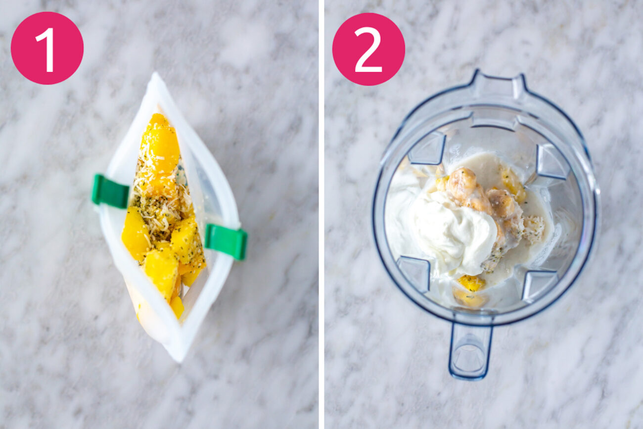 Steps 1 and 2 for making meal prep smoothie packs: add all ingredients to a Ziploc bag, when you're ready to eat, dump in a blender with greek yogurt and milk.