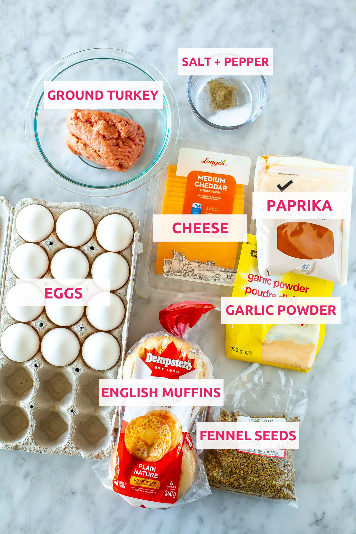 Ingredients for sausage egg McMuffins: ground turkey, salt, pepper, cheese, paprika, garlic powder, fennel seeds, eggs, and english muffins.