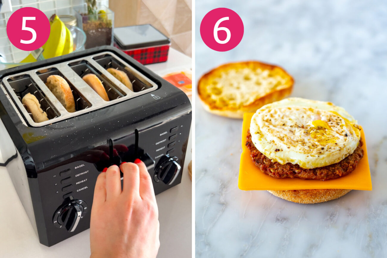 Steps 5 and 6 for making sausage egg McMuffins: toast English muffins then assemble McMuffins.