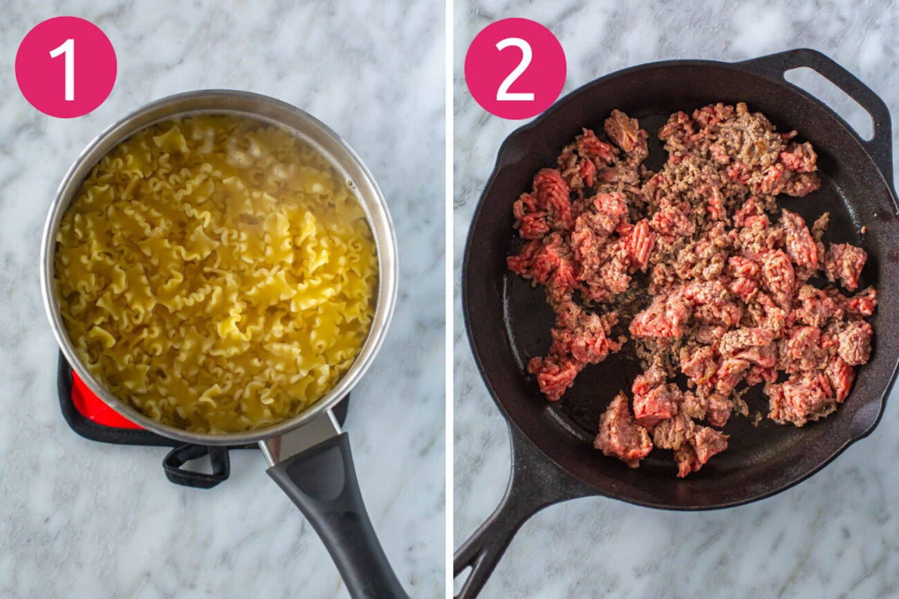 Steps 1 and 2 for making skillet lasagna: cook pasta and brown ground beef.
