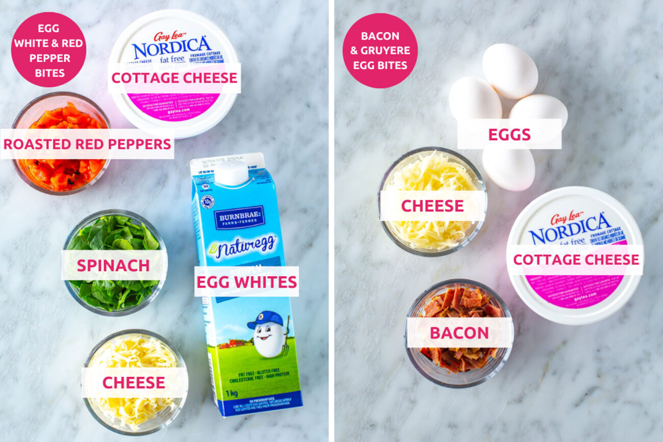 Ingredients for starbucks egg bites: egg whites, cottage cheese, roasted red peppers, spinach and cheese (for egg white & red pepper bites) or eggs, bacon, cheese and cottage cheese (for bacon & gruyere egg bites)