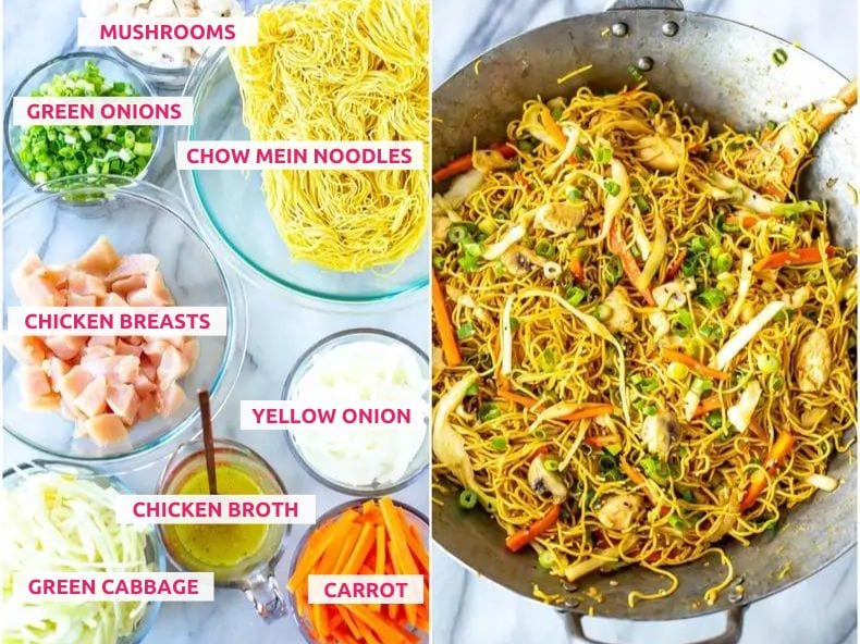 Ingredients for chicken chow mein: mushrooms, green onions, chow mein noodles, chicken breasts, yellow onion, chicken broth, green cabbage, and carrot