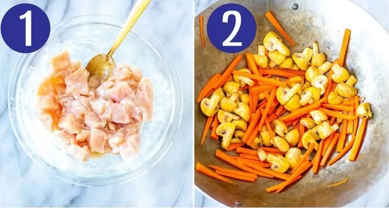 Steps 1 and 2 for making chicken chow mein