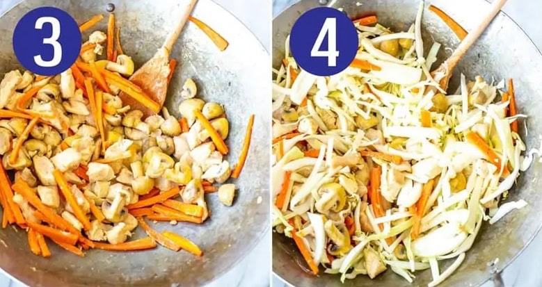 Steps 3 and 4 for making chicken chow mein