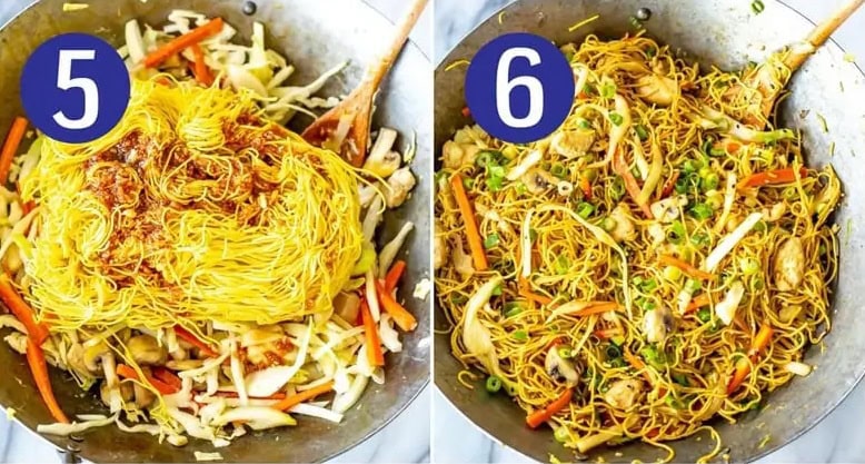 Steps 5 and 6 for making chicken chow mein