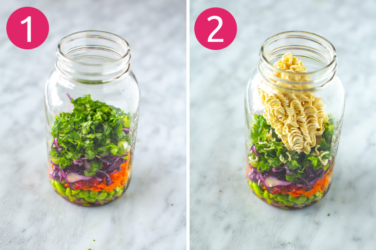 Steps 1 and 2 for making DIY instant noodles: layer in vegetables and herbs in a mason jar, then add ramen noodles and bouillon cube.