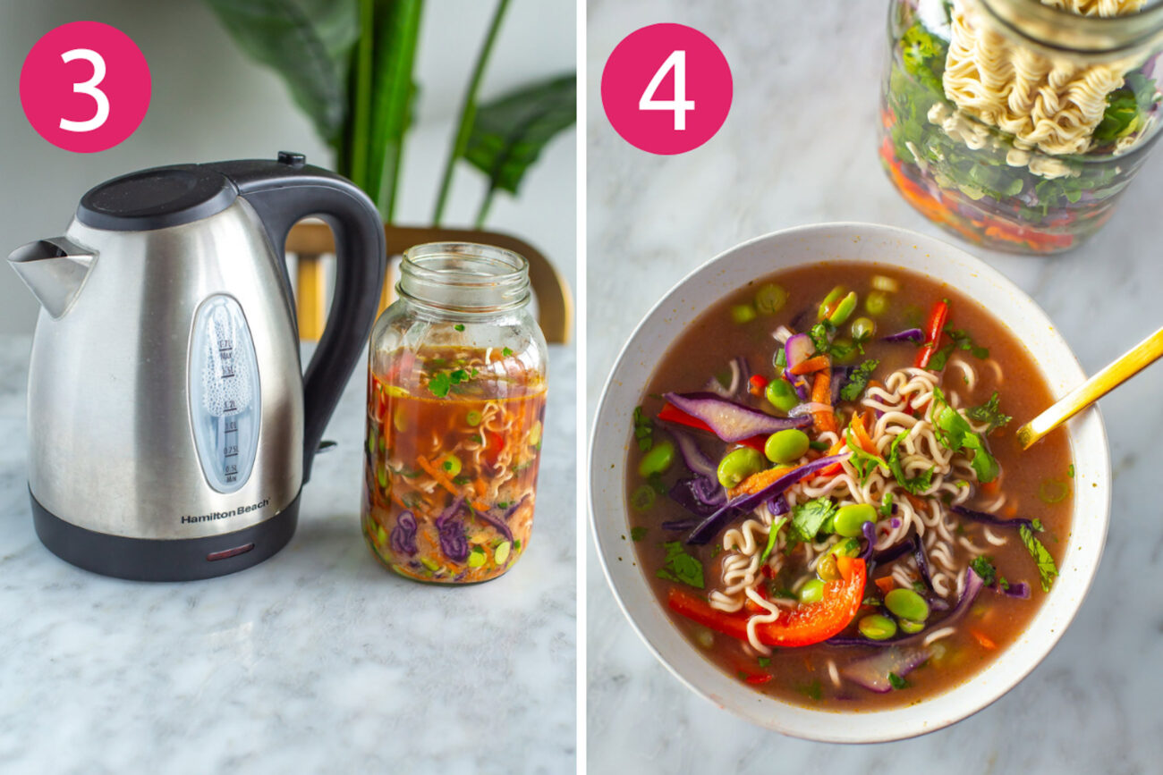 Steps 3 and 4 for making DIY instant noodles: add boiling water to jar, then pour into a bowl and enjoy!
