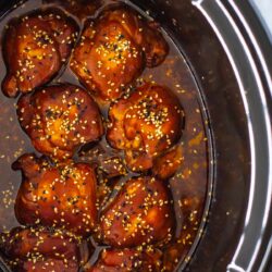 A slow cooker with honey garlic chicken thighs inside.