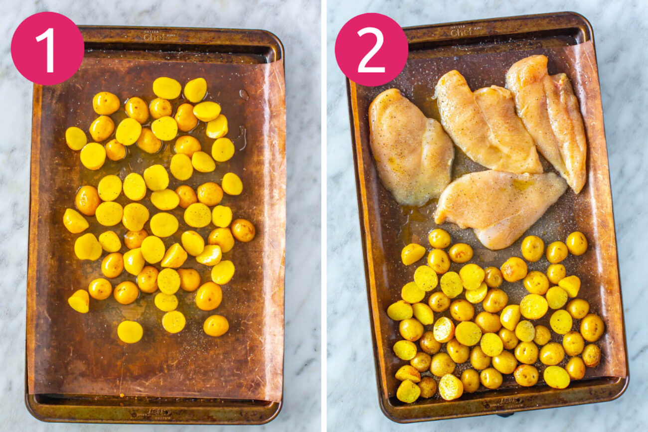 Steps 1 and 2 for making baked pesto chicken dinner: roast the potatoes then bake the chicken.