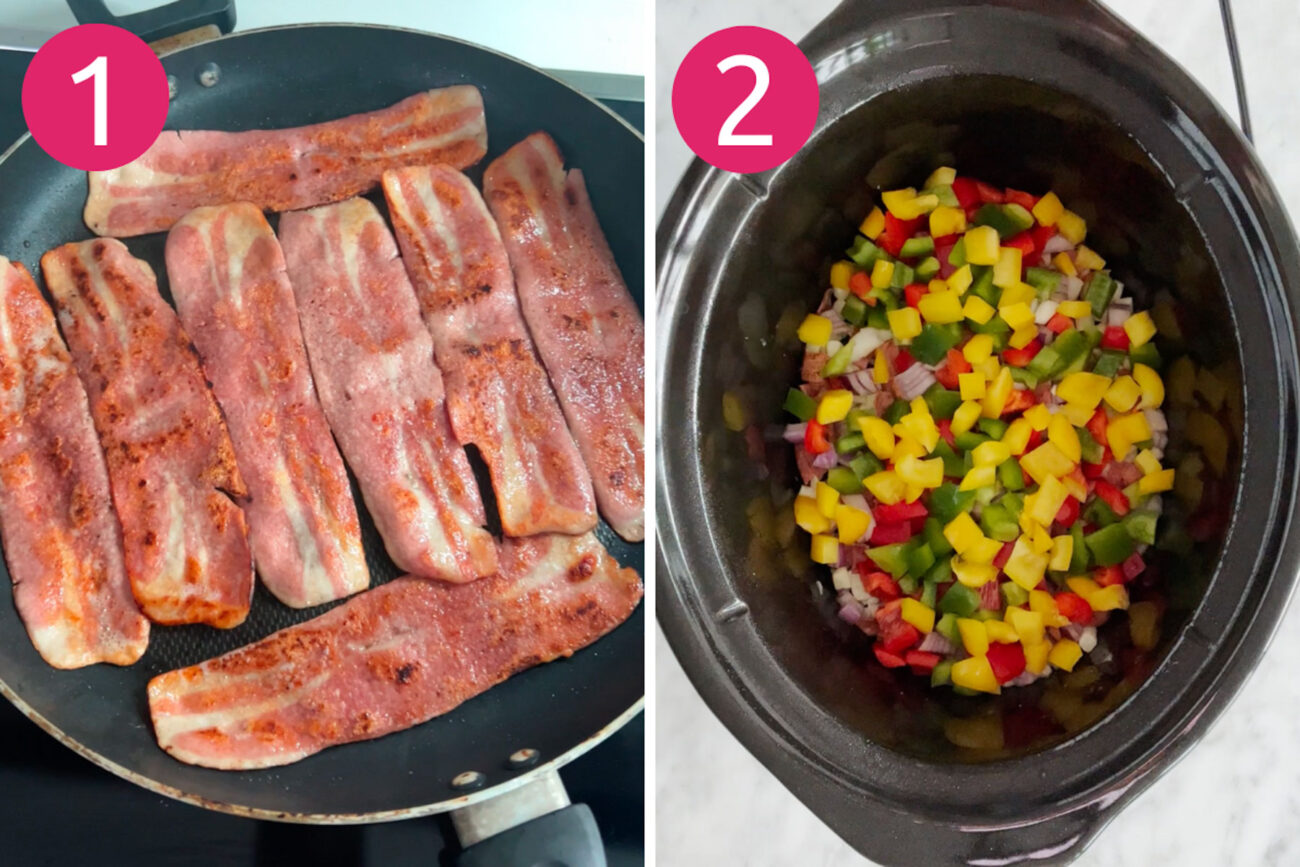 Steps 1 and 2 for making crockpot breakfast casserole: cook the bacon then layer hashbrowns, bacon, peppers and onion.