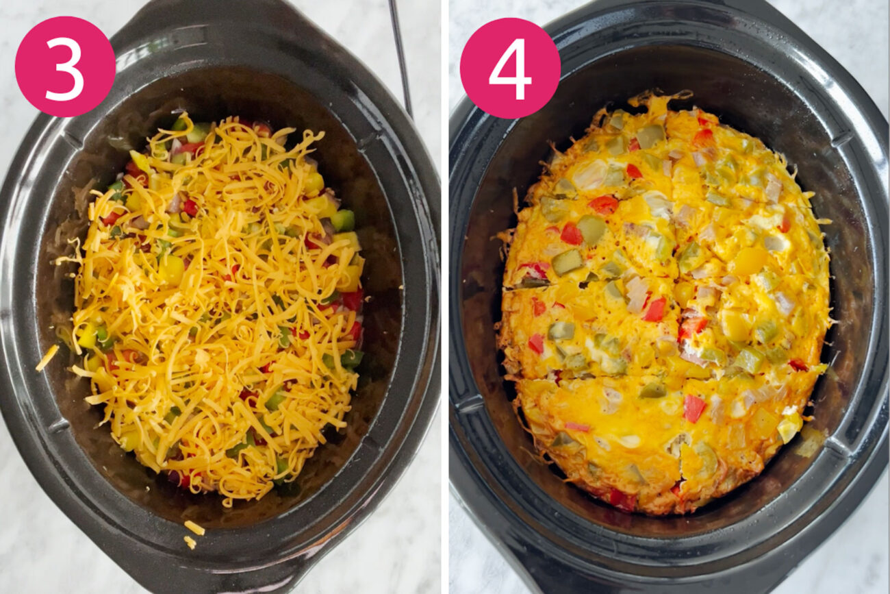Steps 3 and 4 for making crockpot breakfast casserole, add in eggs and cheese then cook on high for 4 hours.