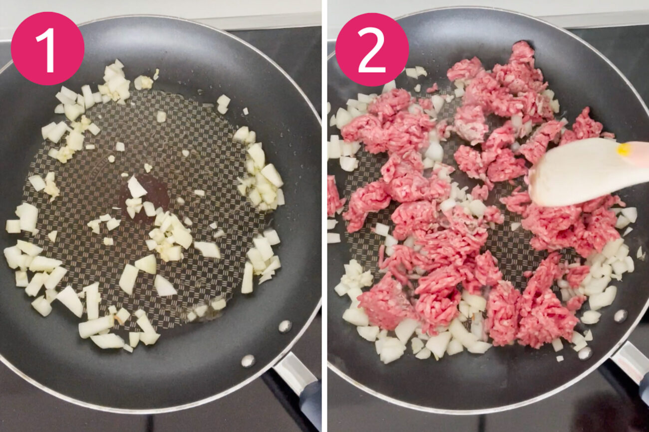 Steps 1 and 2 for making homemade hamburger helper: Cook garlic and onions, then brown ground beef.