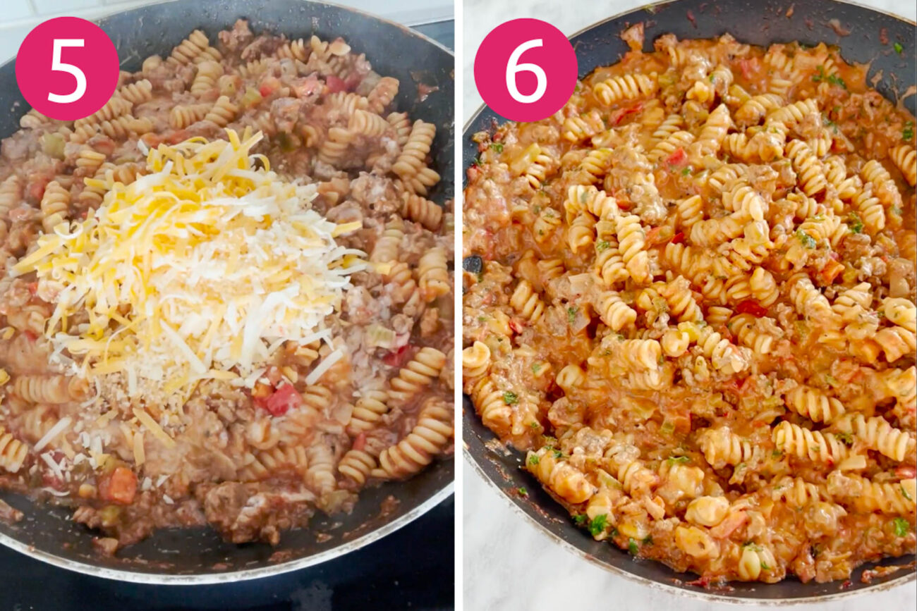 Steps 5 and 6 for making homemade hamburger helper: Stir in sour cream and cheese and serve and enjoy!