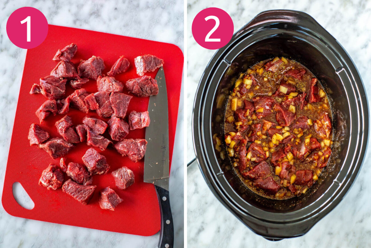 ingredients for shredded beef tacos: cut beef roast and cook in slow cooker, Instant Pot or stove.
