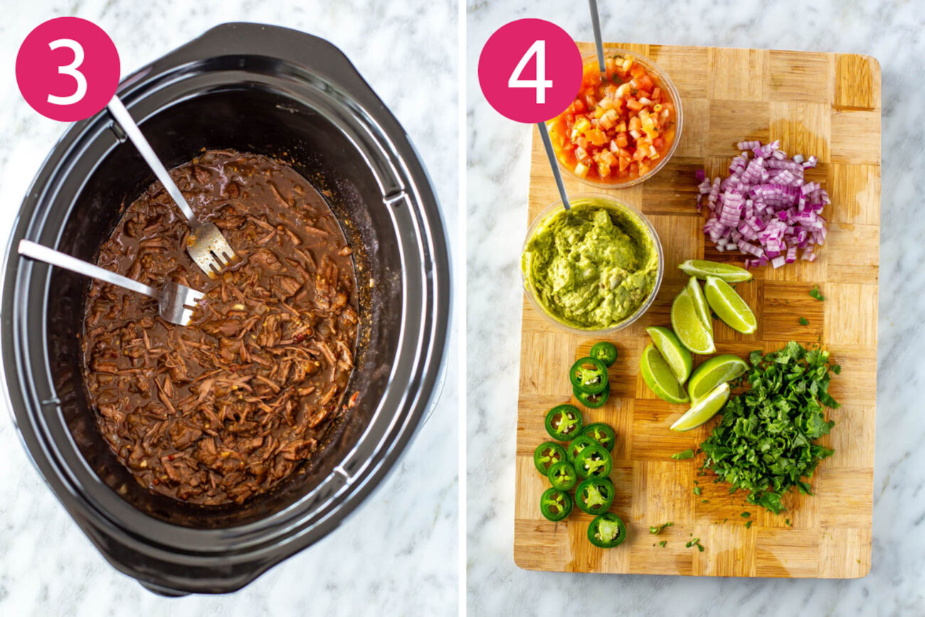 Steps 3 and 4 for making shredded beef tacos: shred beef and assemble toppings.