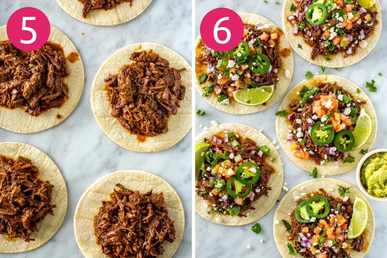 Steps 5 and 6 for making shredded beef tacos: Add beef to tortillas then add the rest of your taco toppings.
