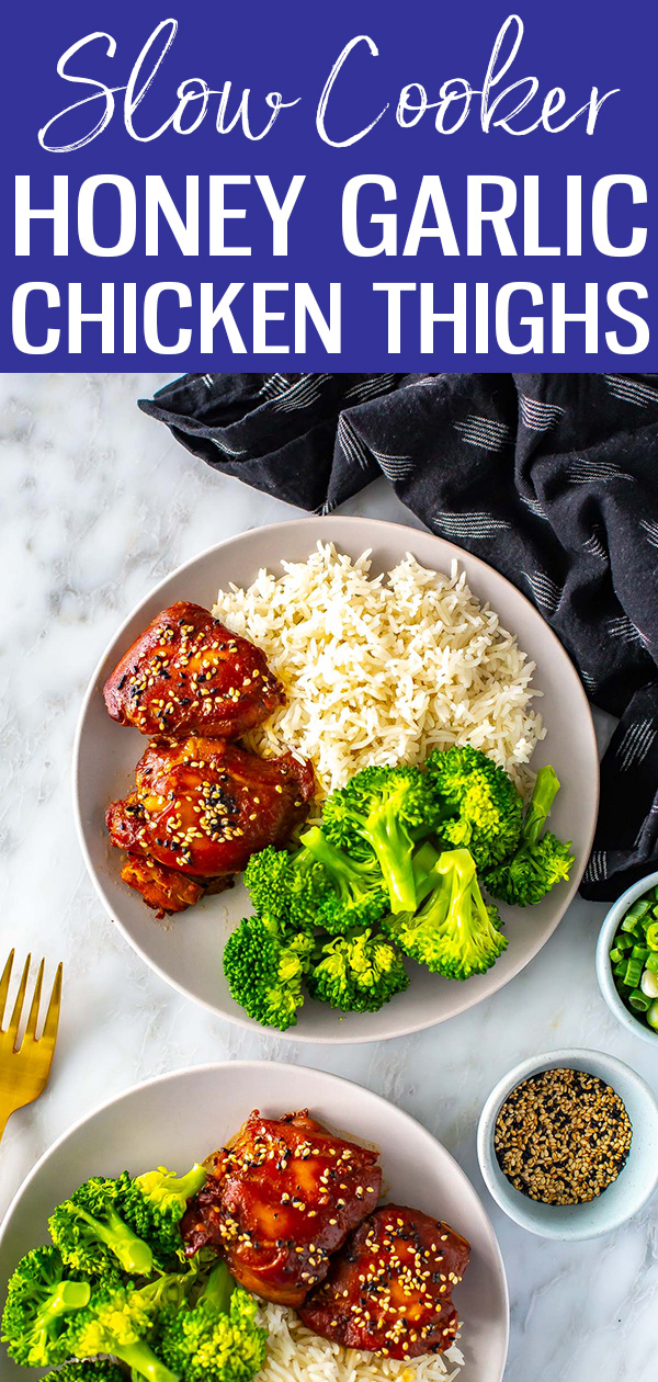 These Slow Cooker Honey Garlic Chicken Thighs are amazing! Cook hands-off in the crockpot and serve with broccoli and rice for a full meal. #slowcooker #chickenthighs