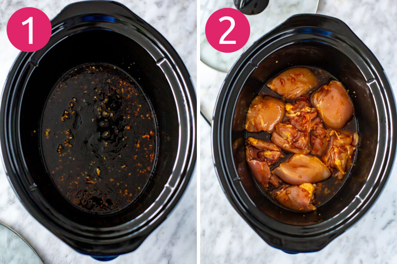 Steps 1 and 2 for making slow cooker chicken thighs: Mix together sauce then add chicken thighs and cook.