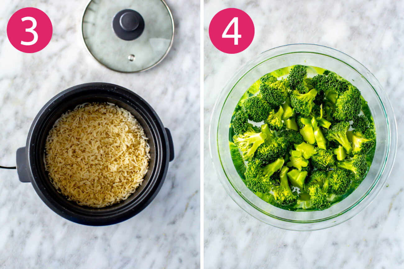 Steps 3 and 4 for making slow cooker chicken thighs: Make rice and steam broccoli.