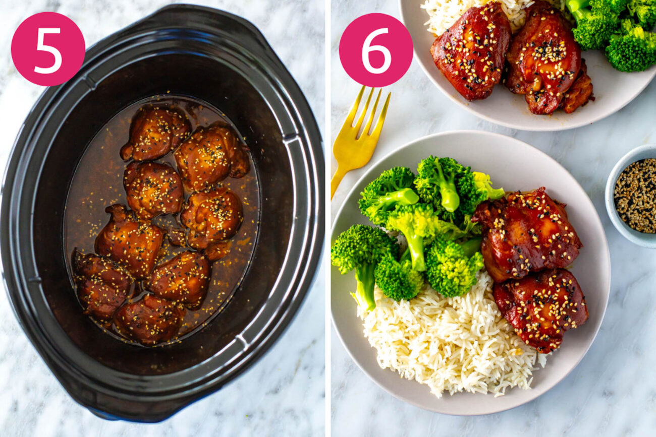 Steps 5 and 6 for making slow cooker chicken thighs: After thighs are cooked, garnish with sesame seeds and green onions then serve with rice and broccoli.