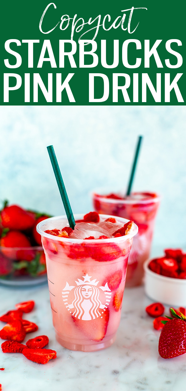 This Starbucks Pink Drink recipe is the perfect copycat, made with passion tea, strawberry sparkling water and creamy coconut milk. #starbucks #pinkdrink