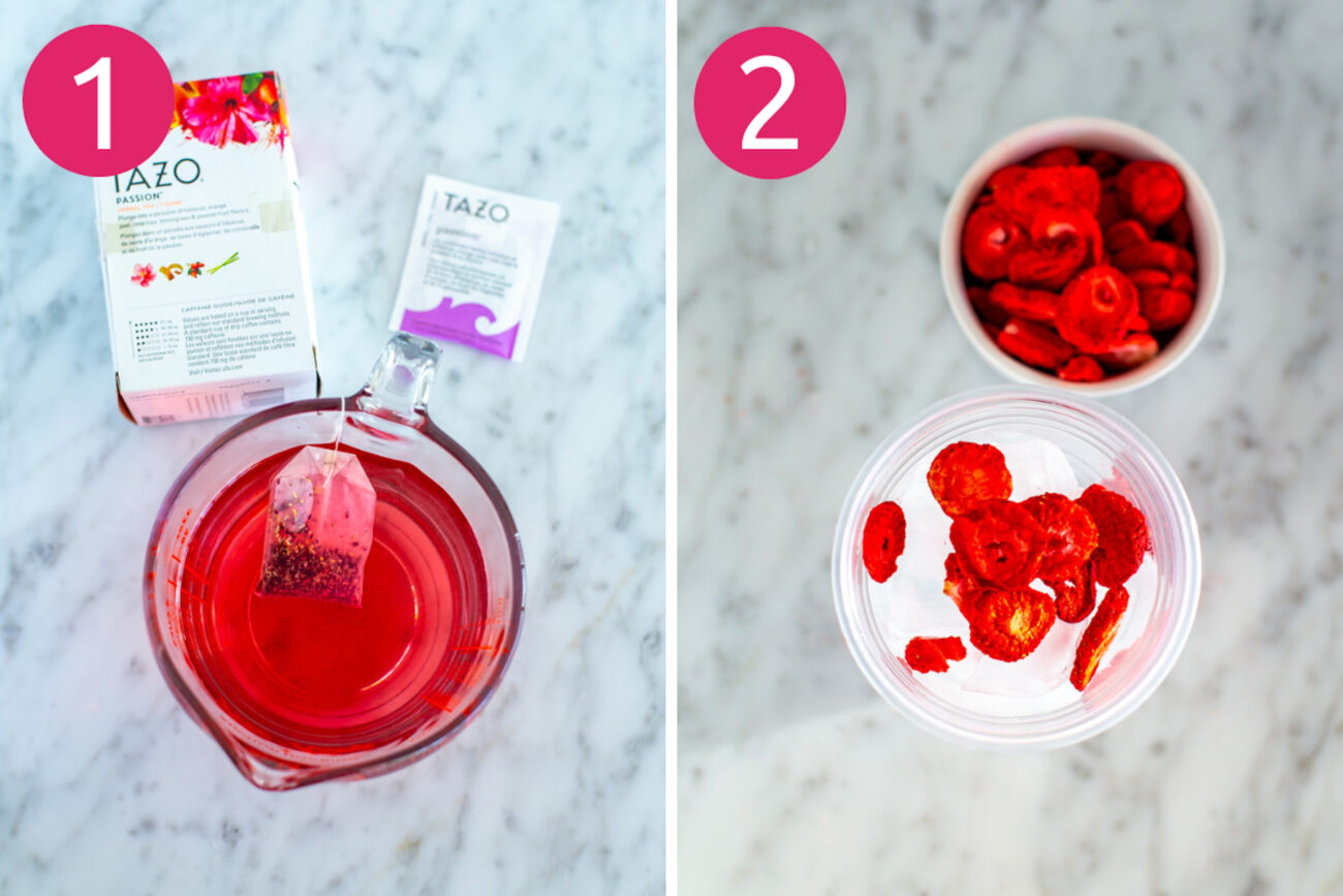 Steps 1 and 2 for making Starbucks pink drink: brew passion tea in cold water, then add ice and strawberries to a glass.