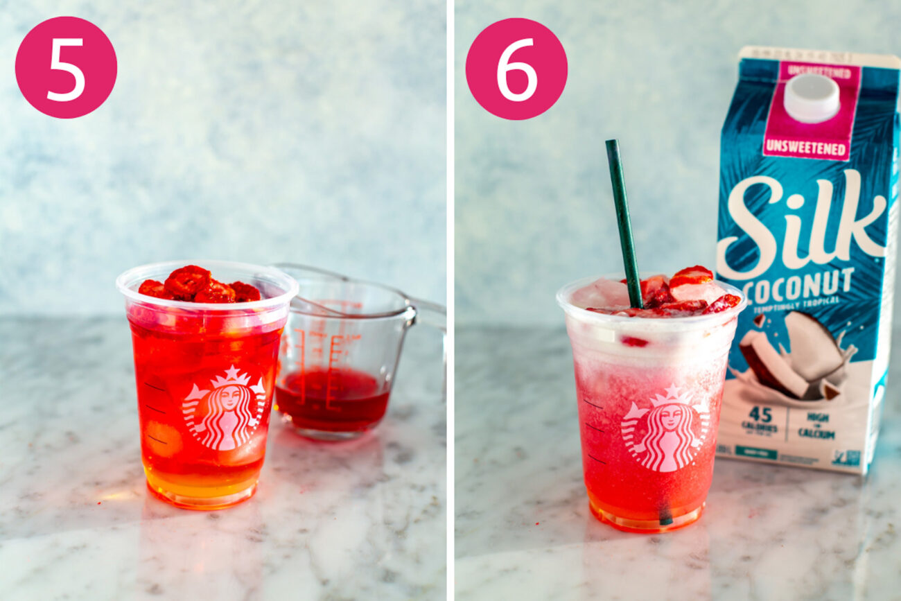 Steps 5 and 6 for making Starbucks pink drink: Pour in brewed passion tea then mix in coconut milk.