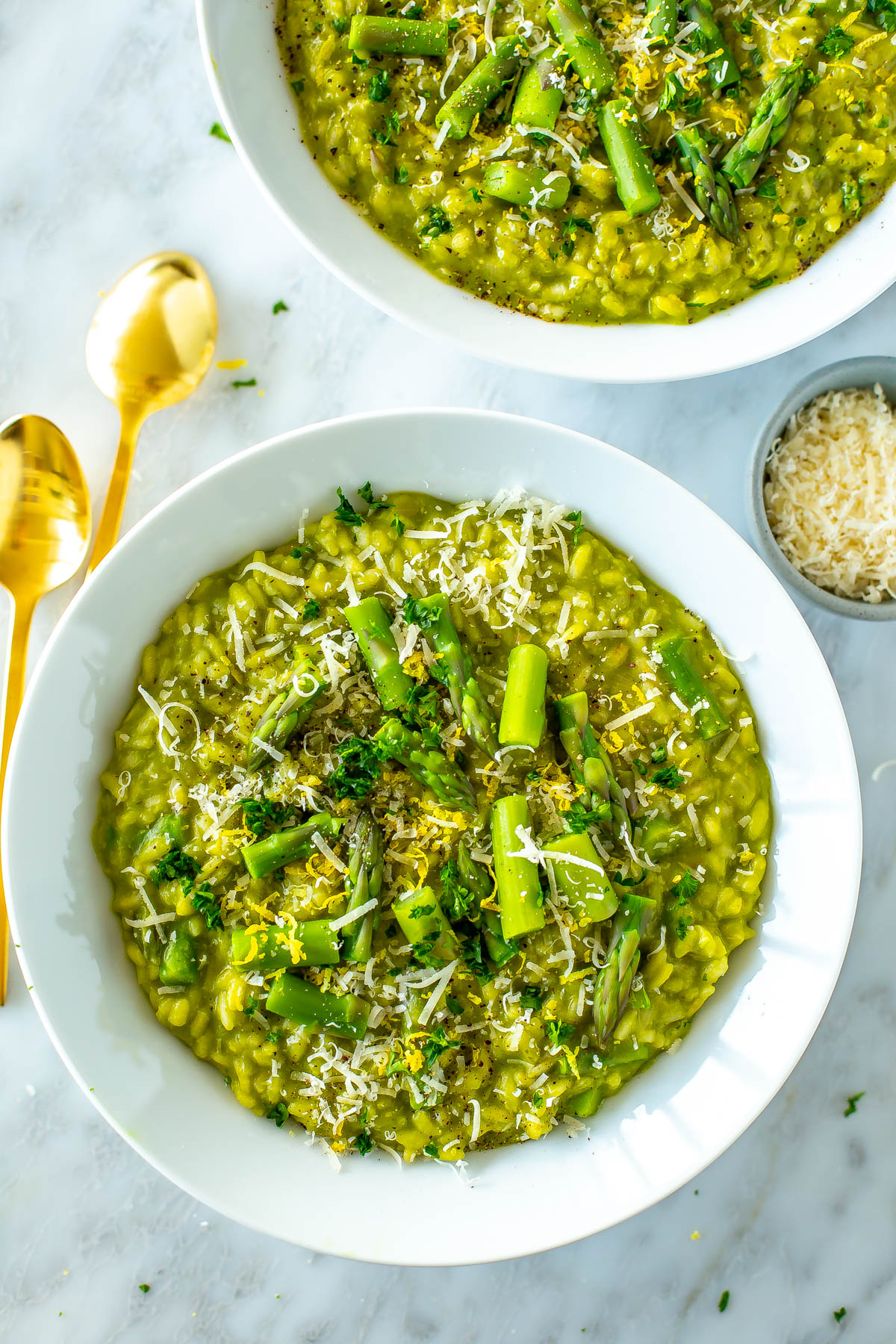 A close-up of a bowl of asparagus risotto.