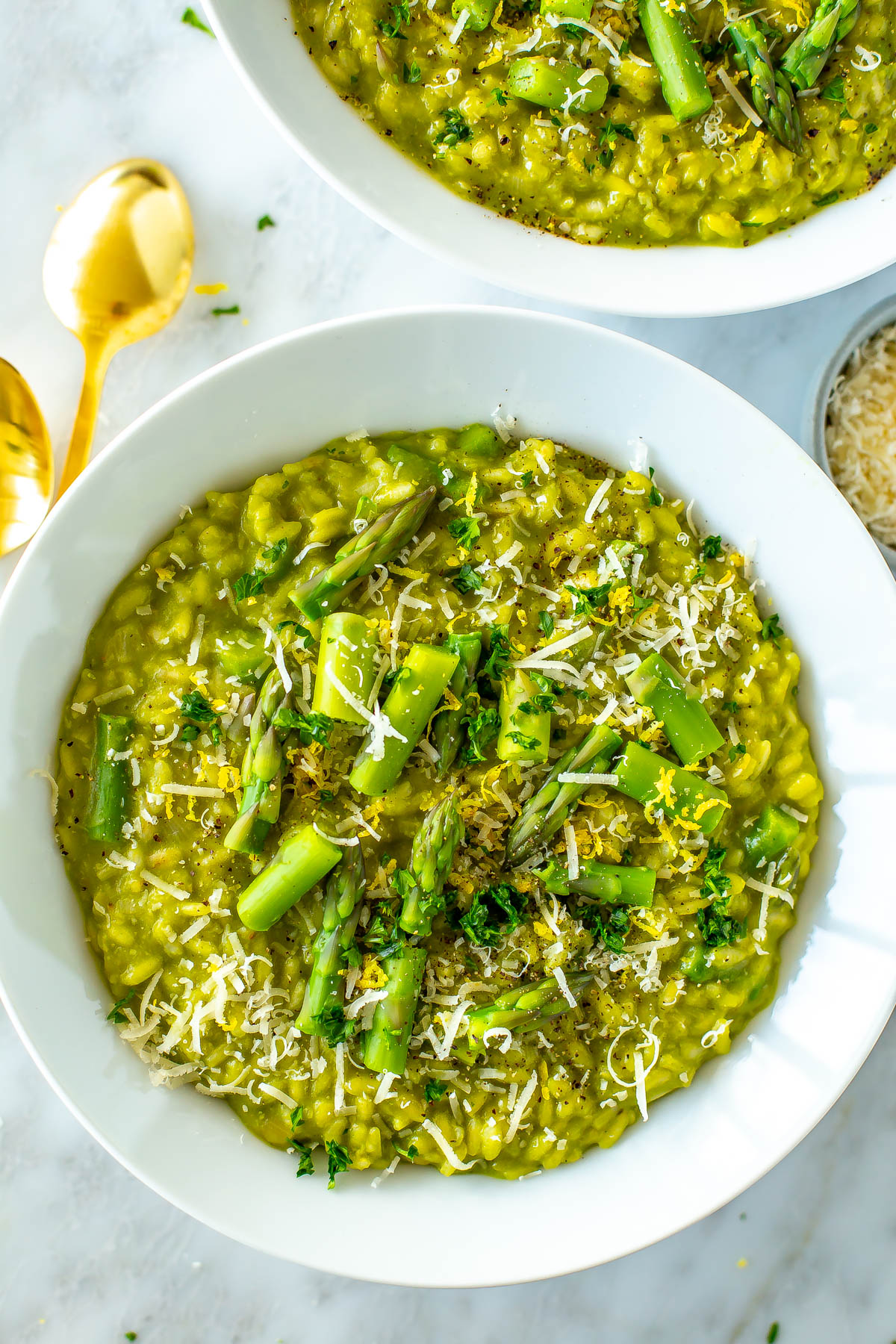 A close-up of a bowl of asparagus risotto.