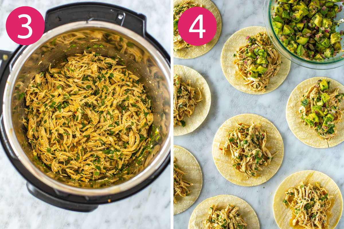 Steps 3 and 4 for making cilantro lime chicken tacos: Shred chicken and mix in cilantro. Assemble tacos.