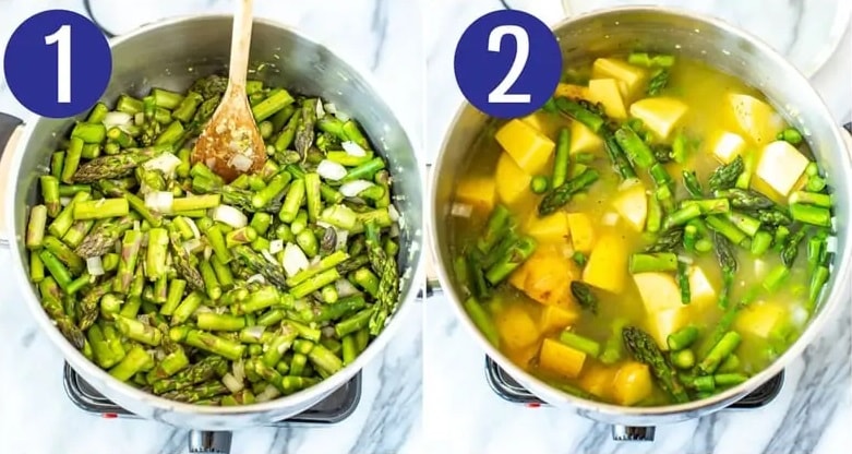 Steps 1 and 2 for making cream of asparagus soup