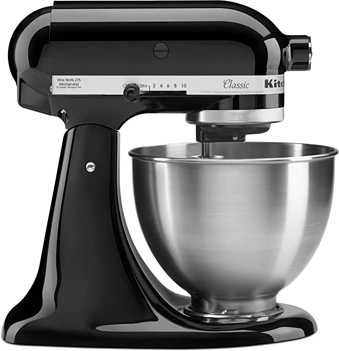 A black KitchenAid stand mixer.