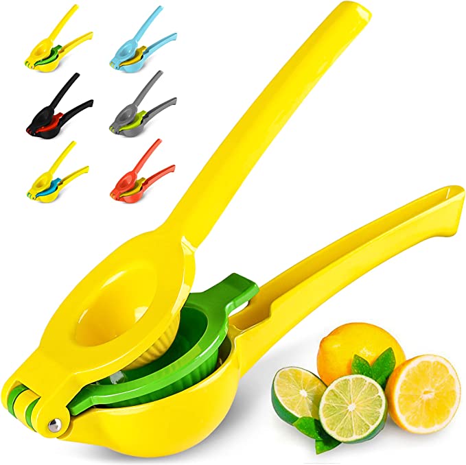 A yellow and green handheld citrus juicer.